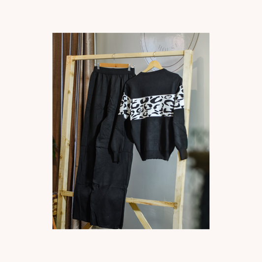 Two-Piece Knitted Sweater Top and Trouser Set (Animal Print Detail)