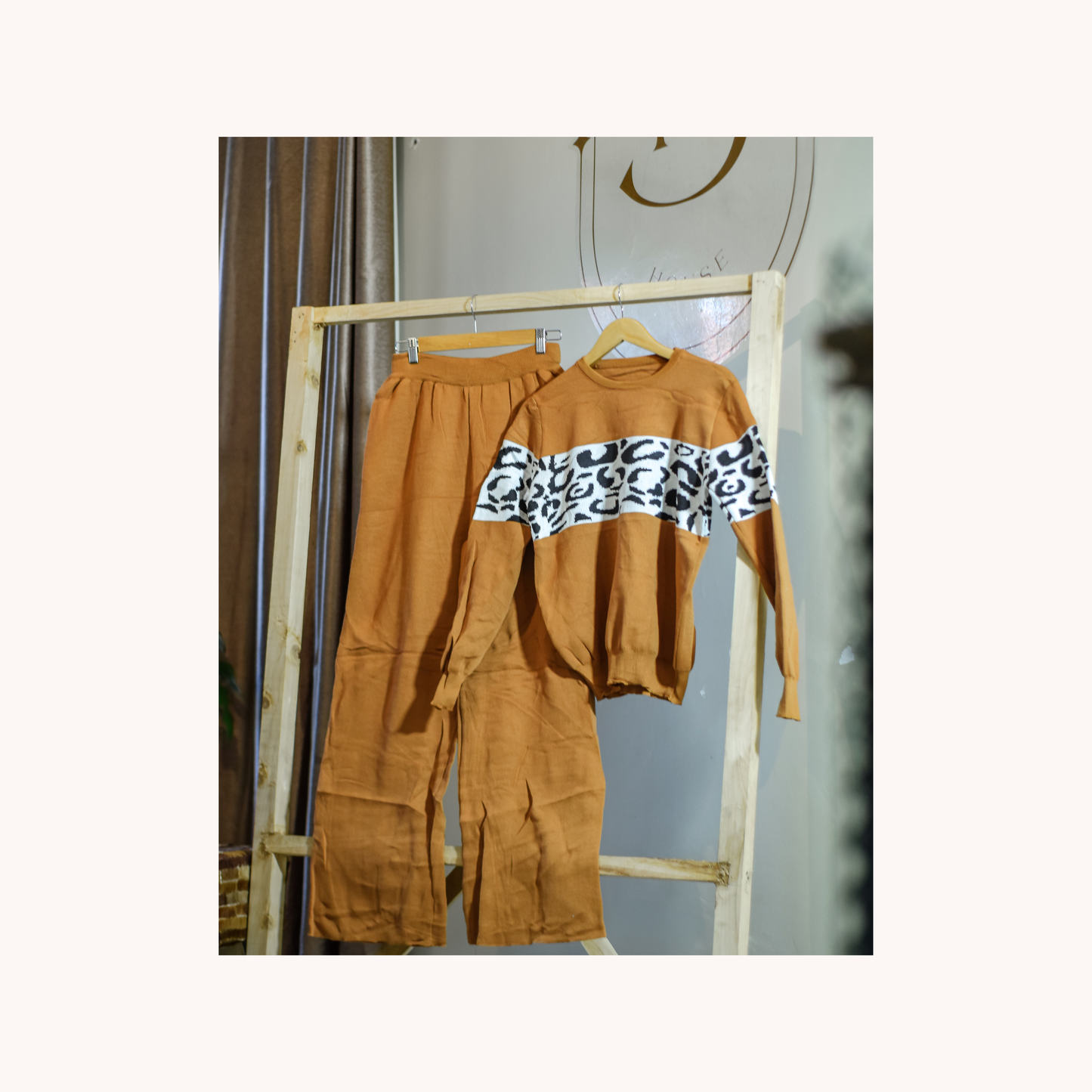 Two-Piece Knitted Sweater Top and Trouser Set (Animal Print Detail)