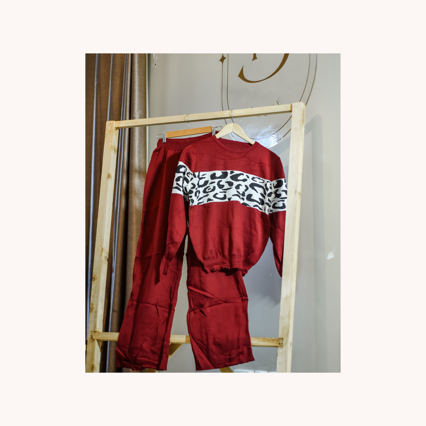 Two-Piece Knitted Sweater Top and Trouser Set (Animal Print Detail)