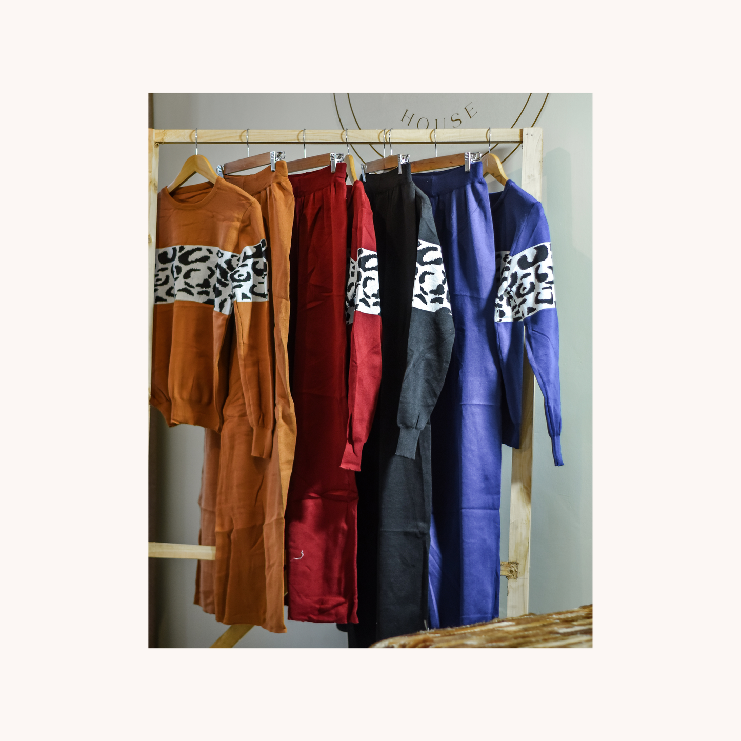 Two-Piece Knitted Sweater Top and Trouser Set (Animal Print Detail)