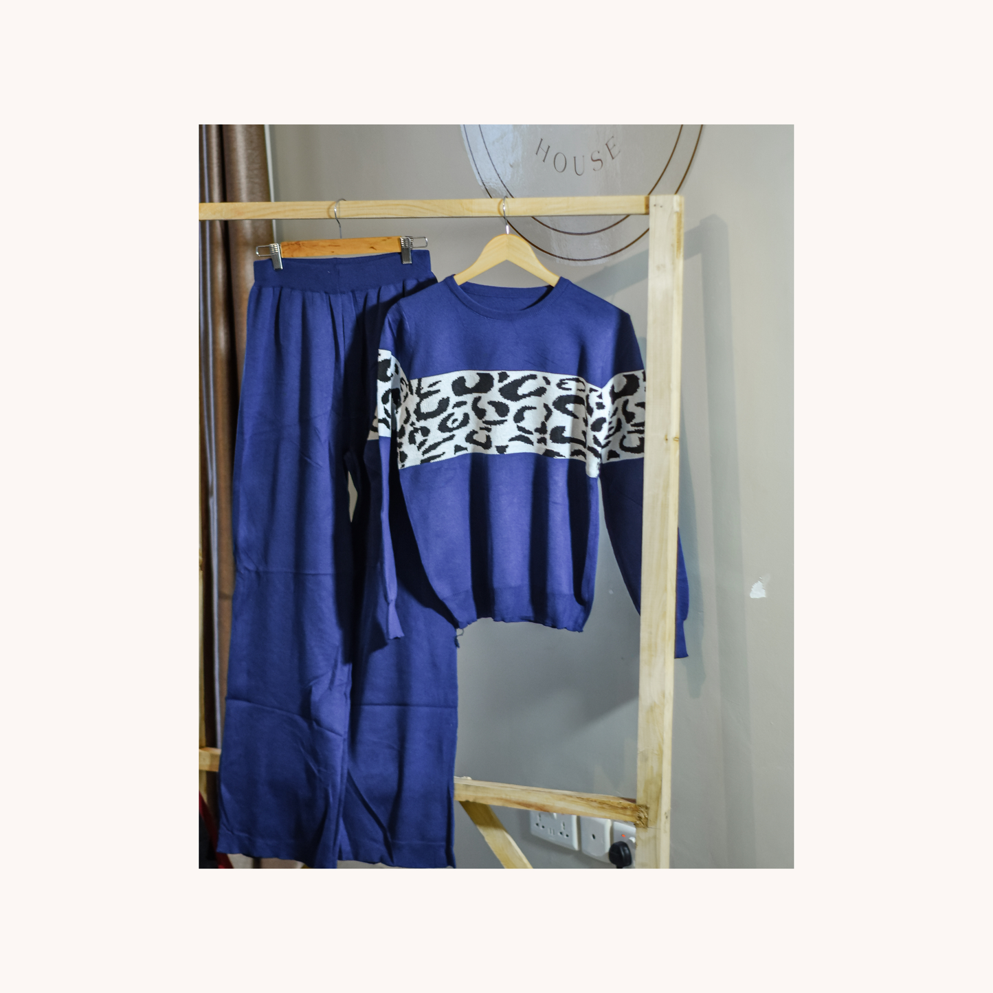 Two-Piece Knitted Sweater Top and Trouser Set (Animal Print Detail)