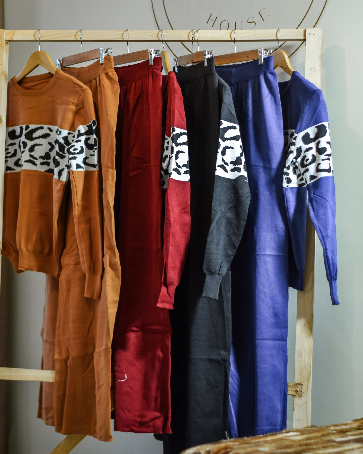Two-Piece Knitted Sweater Top and Trouser Set (Animal Print Detail)