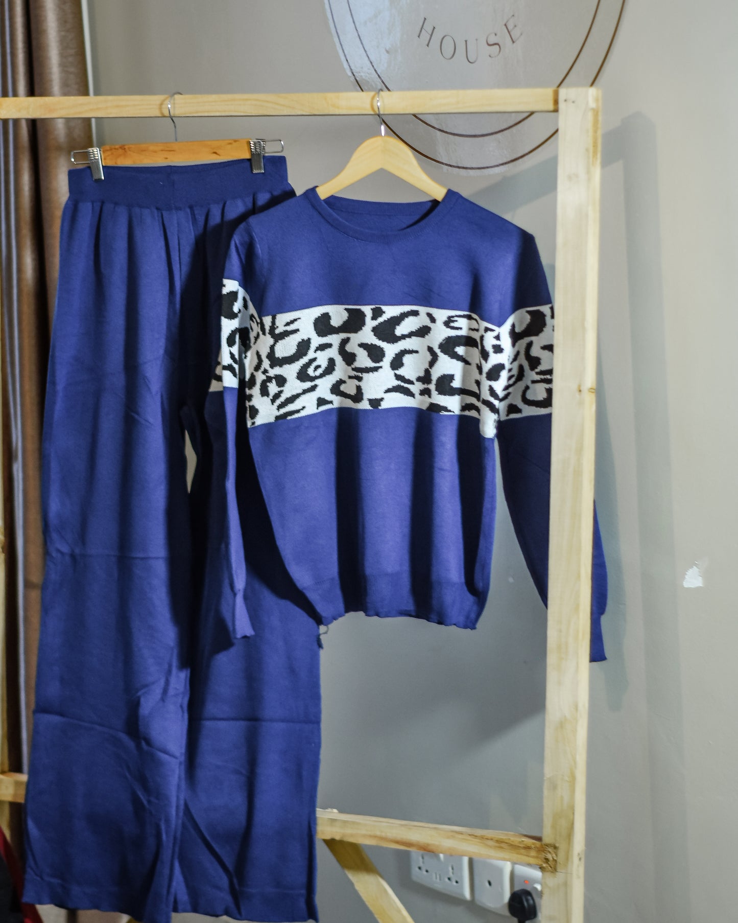 Two-Piece Knitted Sweater Top and Trouser Set (Animal Print Detail)