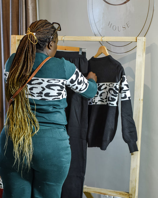 Two-Piece Knitted Sweater Top and Trouser Set (Animal Print Detail)