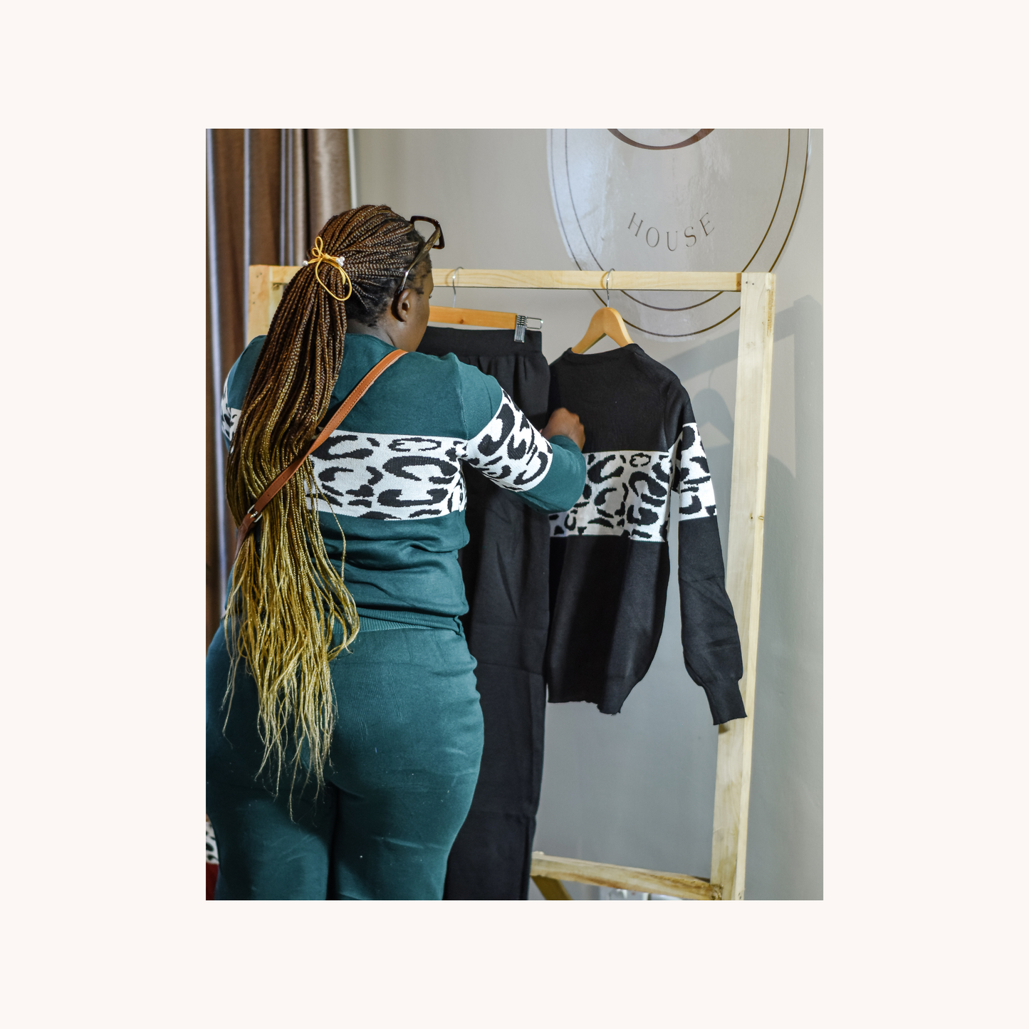 Two-Piece Knitted Sweater Top and Trouser Set (Animal Print Detail)